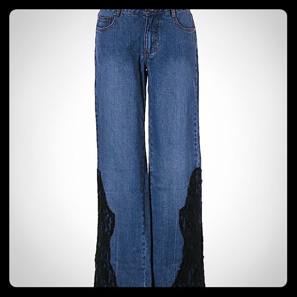 Pamela McCoy Denim - Pamela McCoy Rare Black Lace Embellished Jeans 2